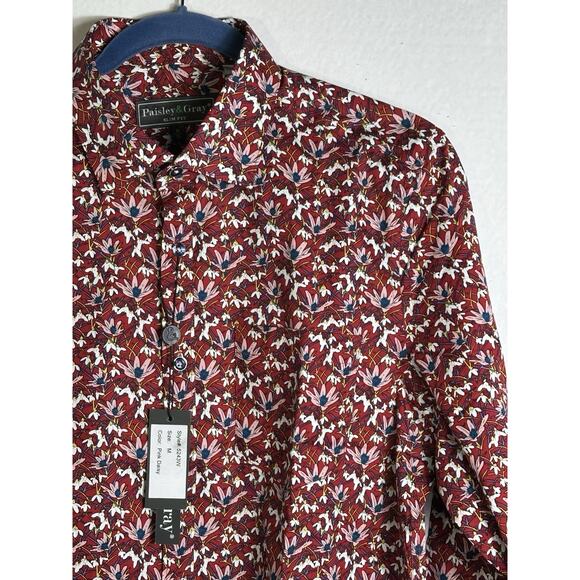 Paisley & Gray Men’s M Slim Fit Red Floral Button Down Shirt Long Sleeve Stretch - Picture 1 of 12